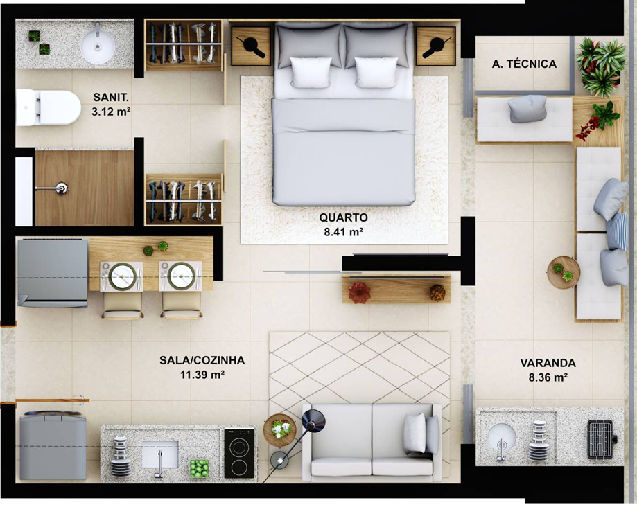 Quarto e Sala - 31,28 m2